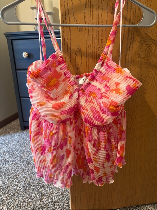 Tops - Pink & Orange Floral Pleated Spaghetti Strap Top